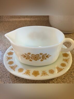 Vintage Pyrex Gravy Boat Gold Floral Milk Glass